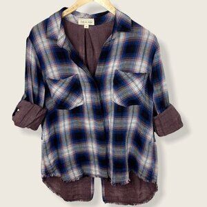 Anthropologie Cloth Stone Split Back Plaid Shirt Size Medium Flannel Bohemian M‎